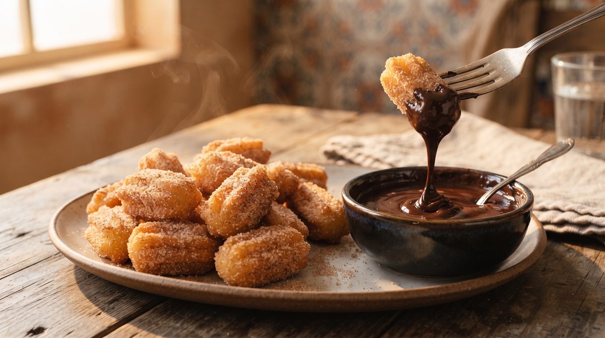 Golden Cinnamon Sugar Air Fryer Churros Bites with Warm Chocolate Dip